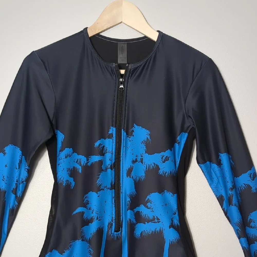 Fashion Nova Drip Palms One Piece Swimsuit Black Blue‎ Long Sleeve Tropical XL